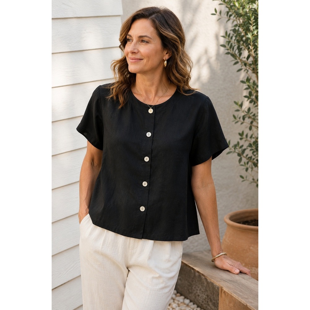 Orvis Black 100% Linen Button Front Top Boxy Minimalist Womens M 10/12